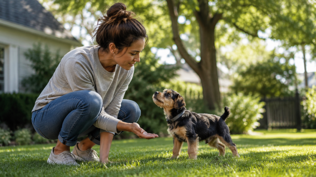 Owner crouching near their puppy outside on a residential lawn during a scheduled potty break, giving calm praise