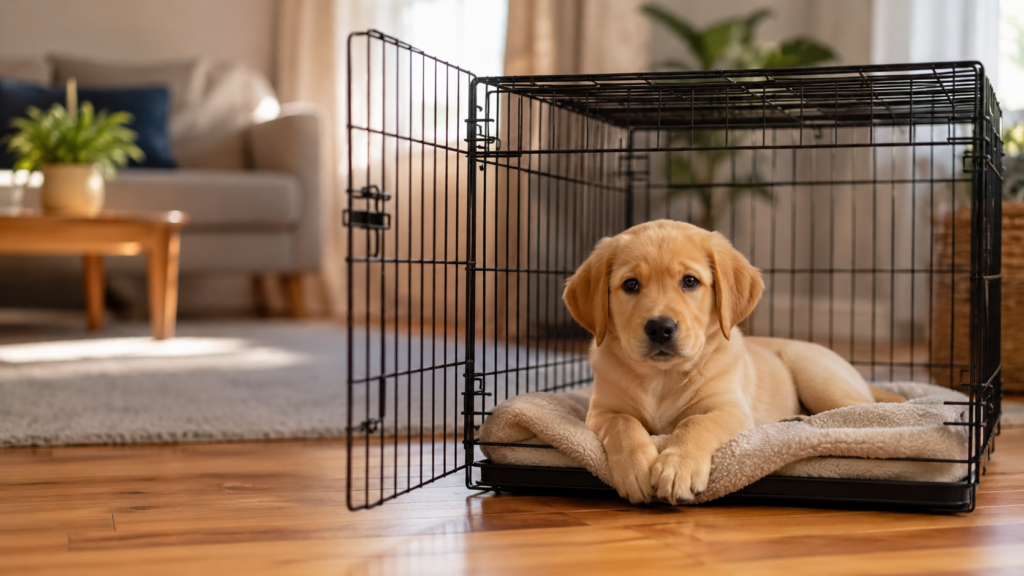 Young puppy resting calmly inside an open crate in a home living room, door open, relaxed body language
