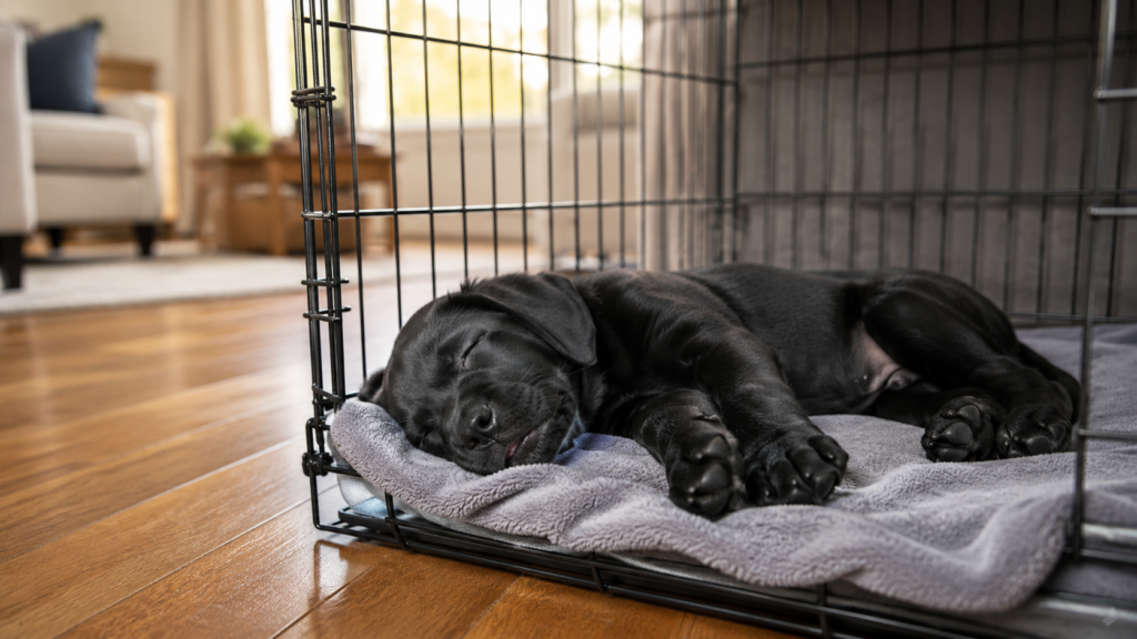 Overtired puppy sleeping deeply in a cozy crate with soft bedding, demonstrating the importance of rest for puppy behavior