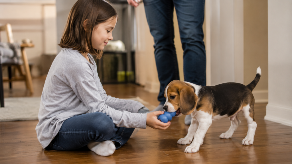Child calmly redirecting a puppy to a chew toy during supervised play, teaching appropriate bite behavior