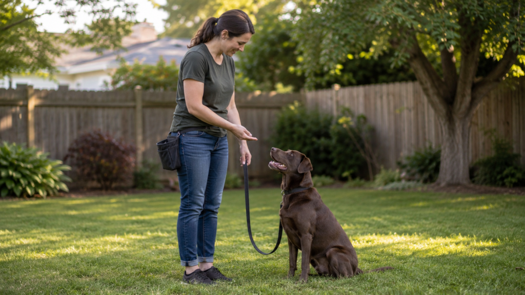 Dog trainer working with a dog on loose leash walking in a quiet low-distraction backyard environment, rewarding focus
