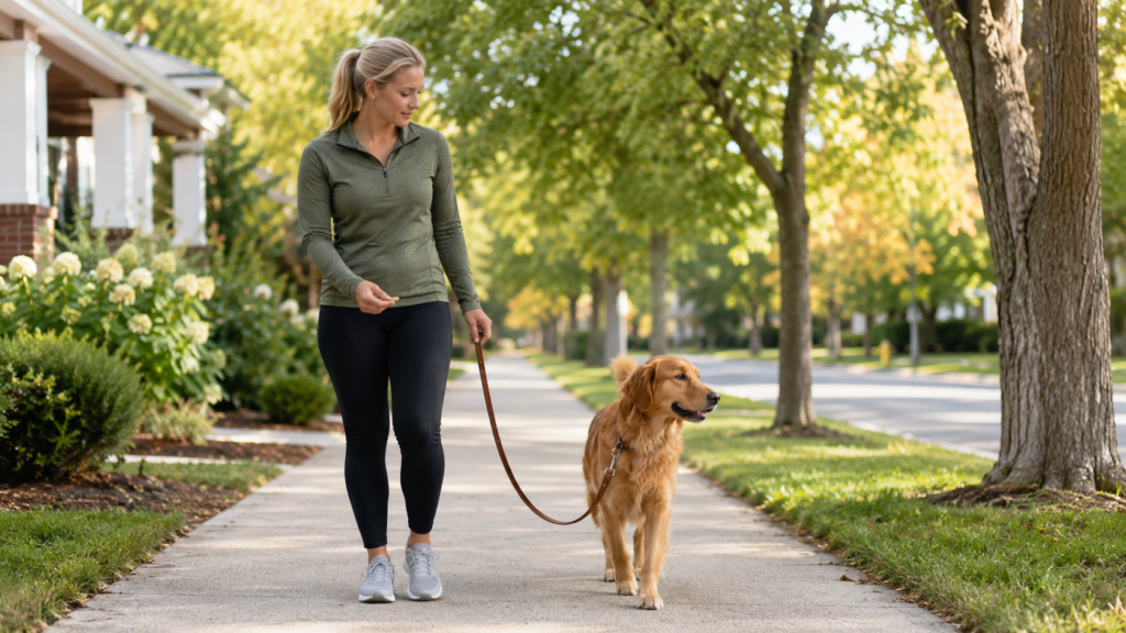 Owner redirecting their dog's focus away from a distraction on a residential walk, rewarding attention with a treat
