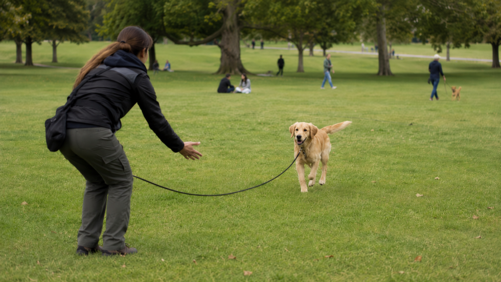 Dog trainer working with a young adolescent dog on a long line in a park, building reliable recall at distance with gradual distraction