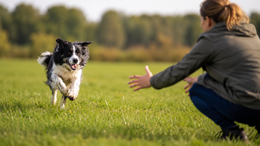 Dog sprinting eagerly back toward its owner across a grassy field during recall training, owner crouching with open arms
