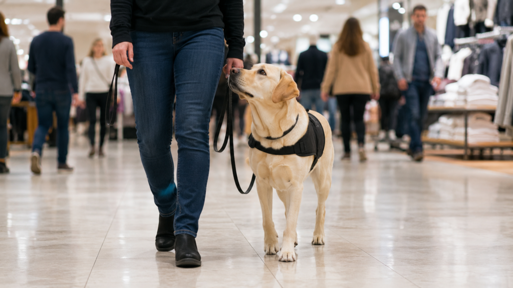 Labrador Retriever wearing a service dog vest walking calmly beside its handler through a busy indoor public space