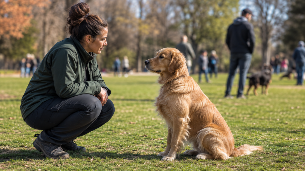 Service dog trainer evaluating a young dog's temperament in a novel outdoor environment, observing calm, confident behavior