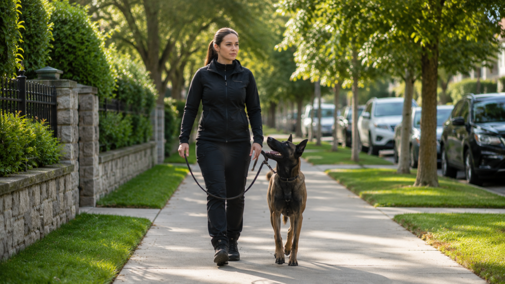 Dog trainer working with a reactive dog on loose-leash walking in an outdoor real-world environment, building calm focus