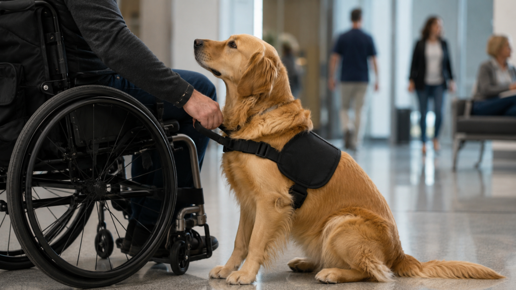 Service dog in a professional vest sitting calmly beside its handler in a public setting, demonstrating trained public access behavior