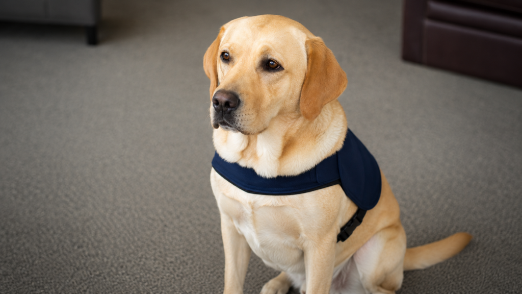 Close-up of a dog wearing a simple service dog vest without any unofficial certification patches or fake ID cards attached
