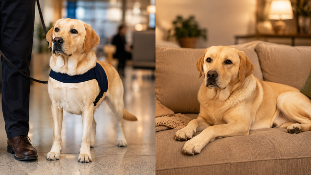 wo dogs side by side — one in a service dog vest working, one relaxing as a companion pet at home — illustrating different paths