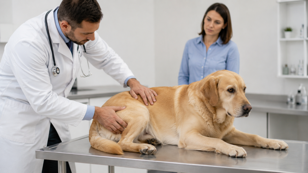Veterinarian gently examining a dog's joints while the owner looks on, checking for pain-related causes of aggression