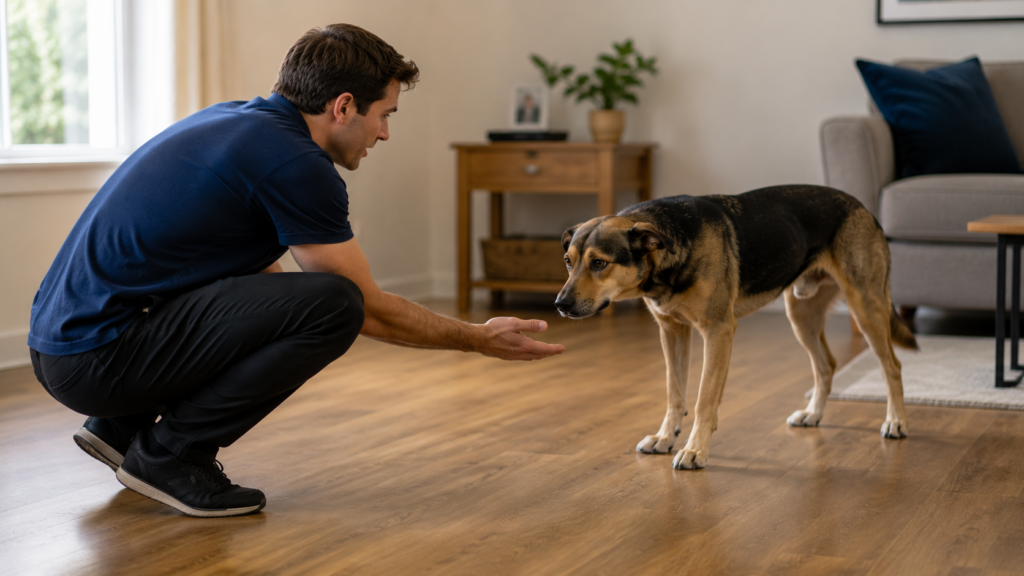 Dog trainer crouching calmly beside an anxious dog in a home setting, building trust through patient body language