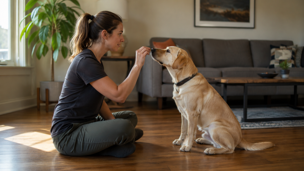 Professional trainer working one-on-one with a dog in a calm home living room, demonstrating the home-based board-and-train environment
