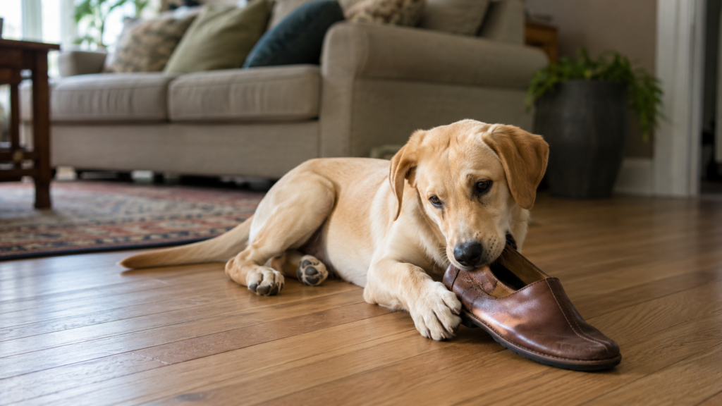 Young adolescent dog investigating and chewing a shoe left on the floor while owner is away, illustrating opportunistic boredom behavior
