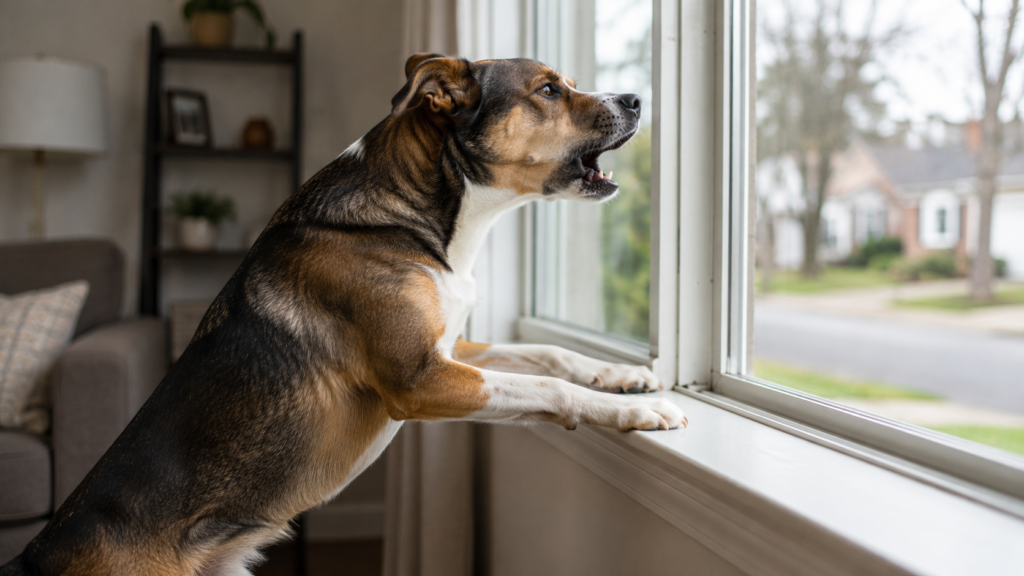 Dog barking intensely at a window while watching something outside, illustrating alert or fear-triggered barking behavior