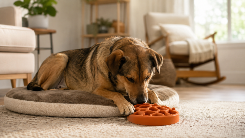Dog resting calmly alone on a dog bed with a food puzzle in front of it, demonstrating a settled, confident alone-time behavior