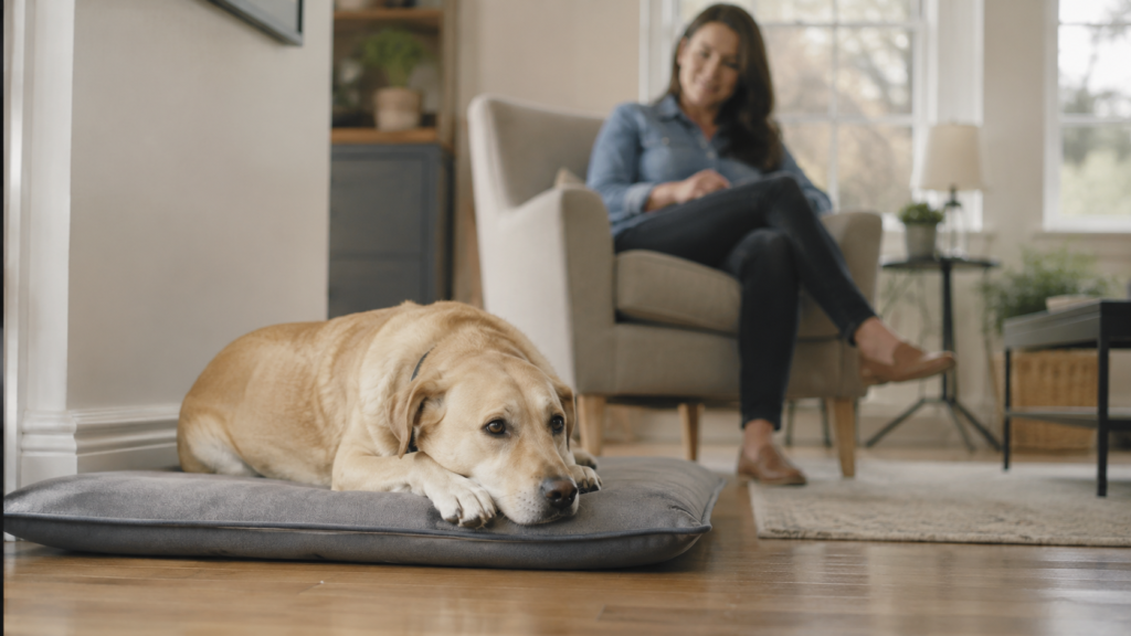 Dog resting calmly on a designated place mat while its owner sits nearby, demonstrating a settled, quiet behavior being rewarded