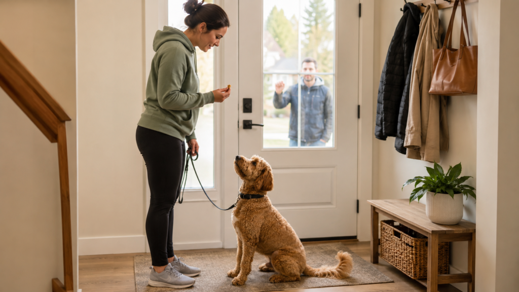 Owner practicing door greeting training with their dog, using a sit cue as a guest approaches the front door during a practice session