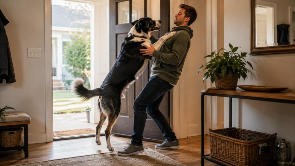Large dog jumping up on a person at the front door, illustrating the jumping behavior and its physical impact