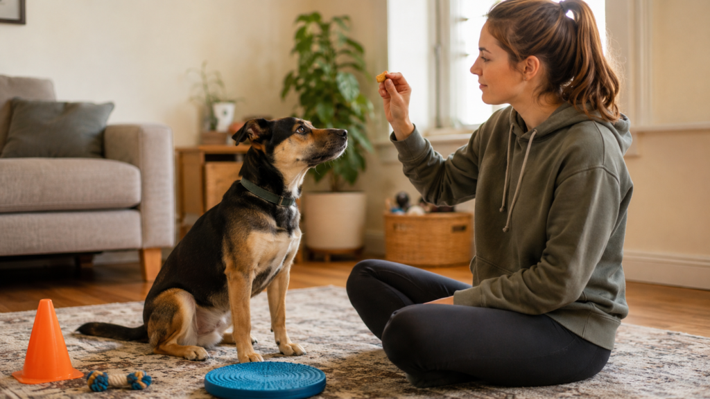 Owner doing a short focused training session with their dog indoors, showing mental exercise as an alternative to pure physical activity