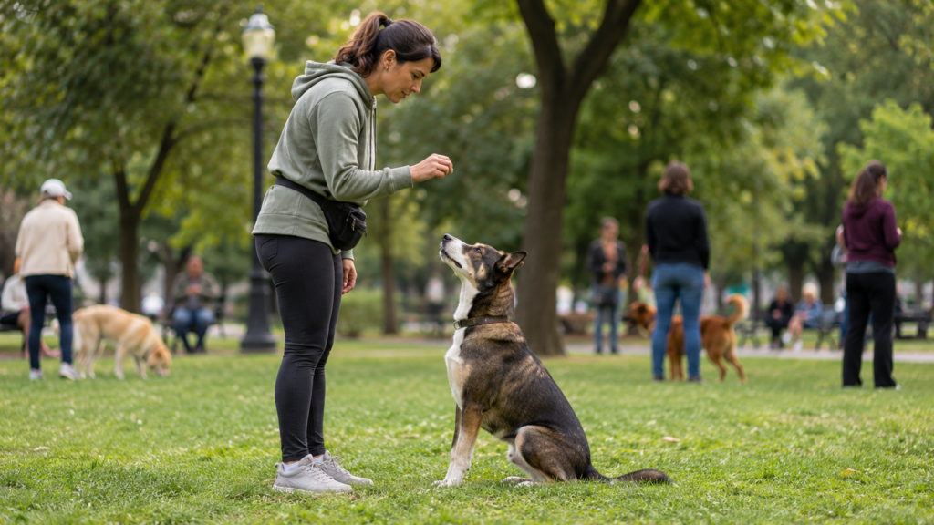 Dog and owner during a structured outdoor training session in a park, with the dog focused on the owner despite other dogs visible in the background