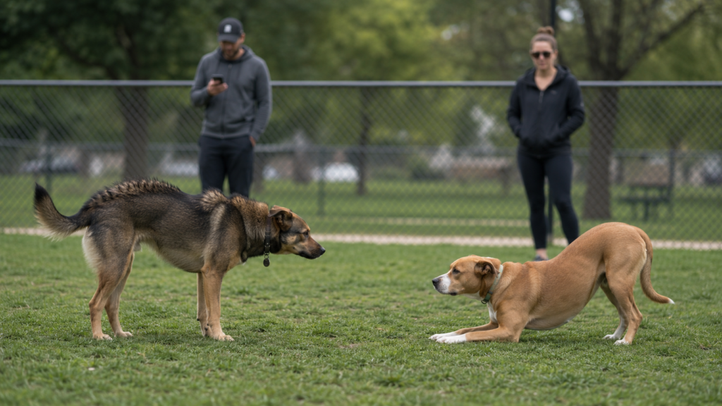 Two dogs at a public dog park showing signs of an escalating interaction, with owners nearby but not intervening