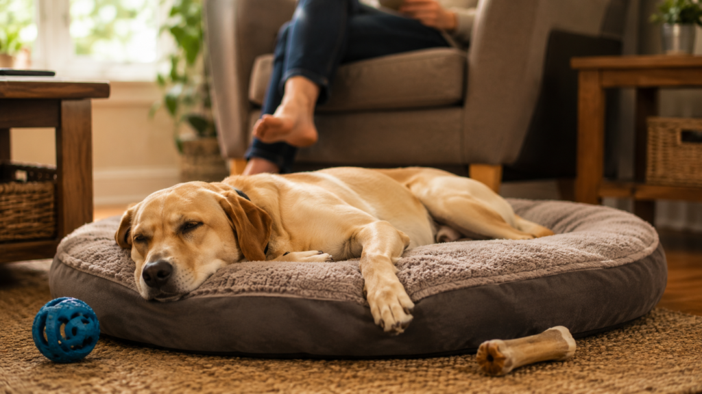 Dog resting contentedly on a dog bed after a balanced routine of exercise and training, calm and settled