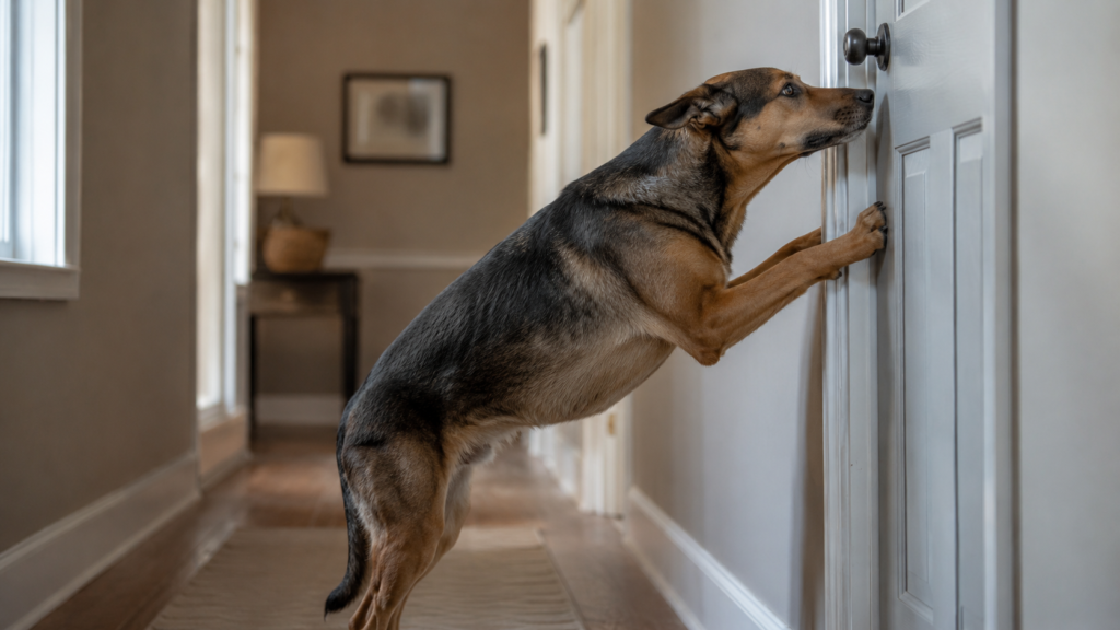Dog pressed against a front door scratching at the frame, showing signs of escape-focused distress after the owner's departure.