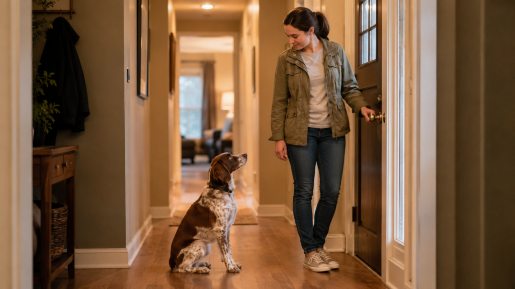 The owner is reinforcing a sit command with their dog before opening the front door, showing consistent expectation in an everyday real-life moment