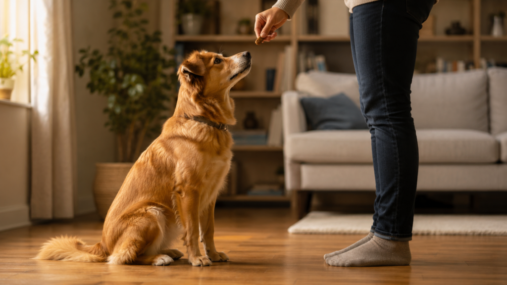 Dog responding perfectly to a sit command in a quiet living room, illustrating context-dependent learning in a familiar low-distraction setting