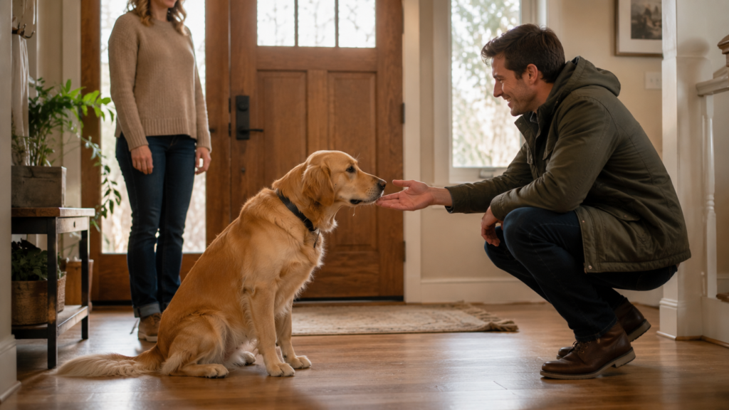 Dog sitting calmly at the front door while a visitor crouches to greet them appropriately — four paws on the floor, polite greeting in progress