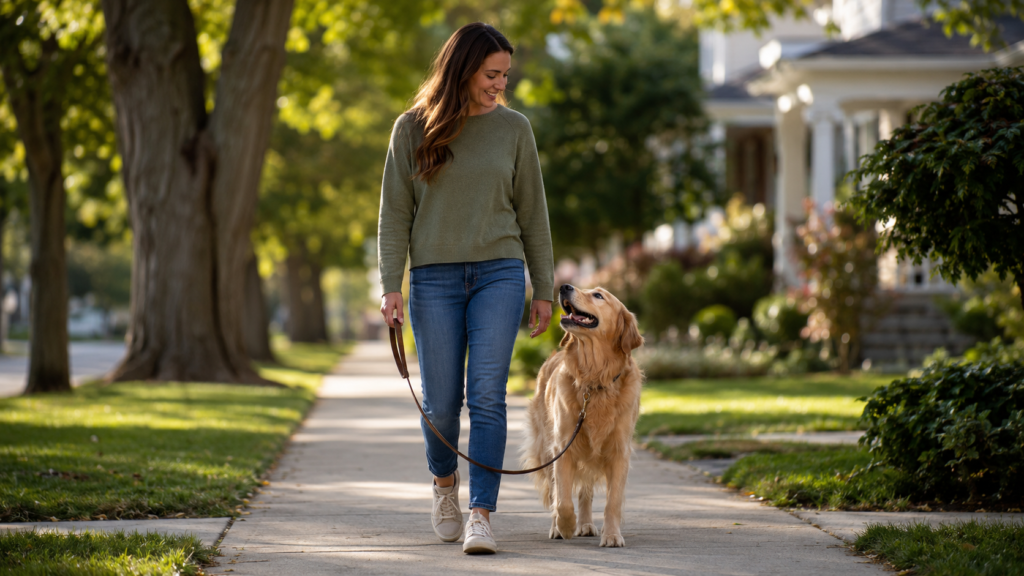Dog walking at a loose heel beside its owner on a residential walk, demonstrating structured purposeful exercise rather than pulling ahead