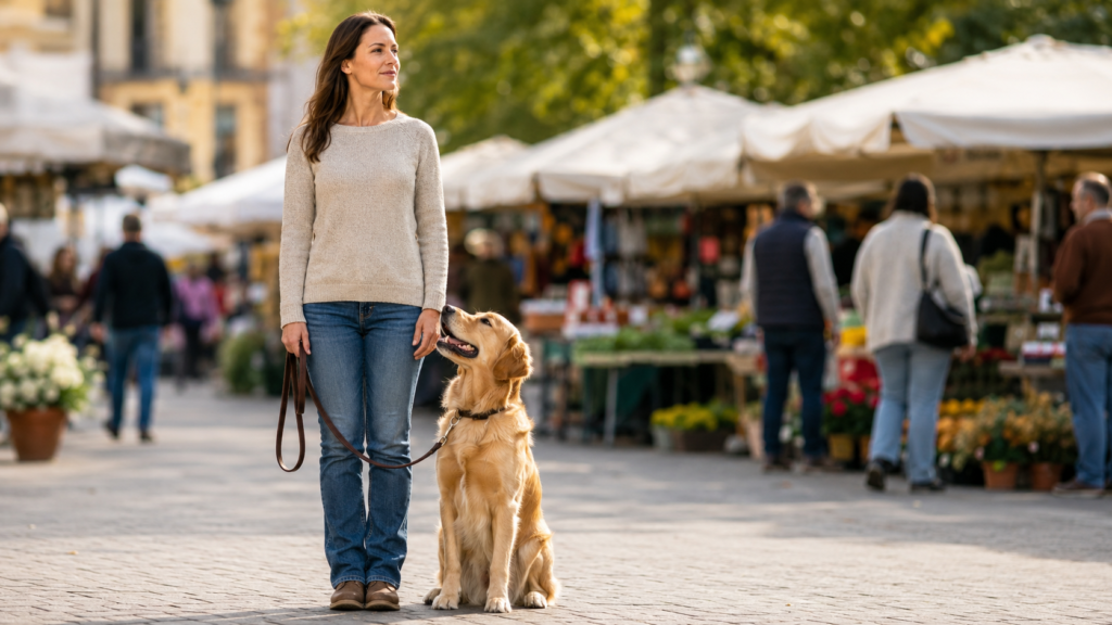 Well-trained dog sitting attentively at its owner's side in a busy public environment, showing the shared goal of both board-and-train and private lessons