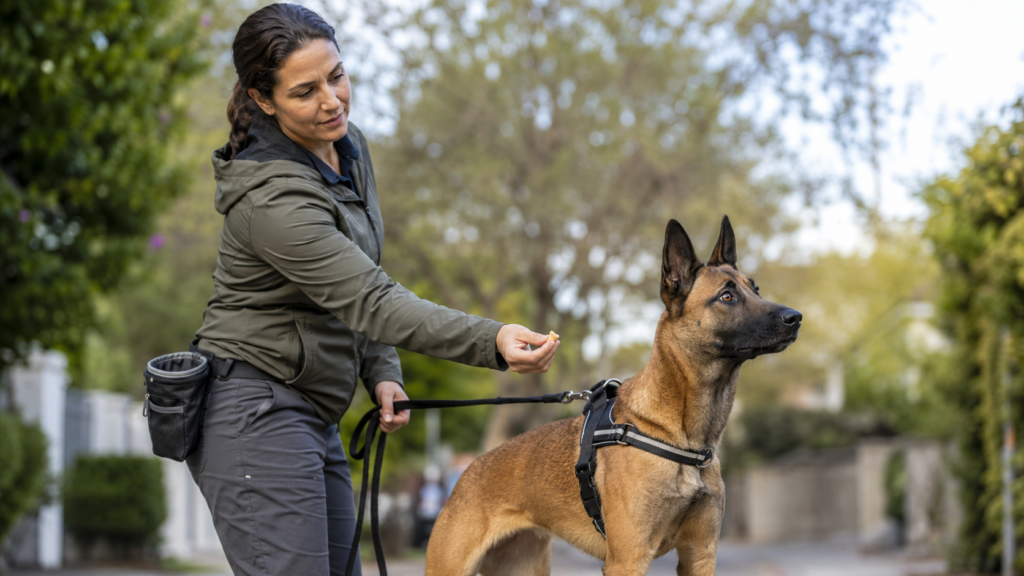 Editorial photograph. A professional dog trainer stands calmly beside a leashed dog that is in a heightened state — ears forward, body alert, looking at something off-frame. The trainer holds the leash with a relaxed grip and is positioning a treat near the dog's nose to redirect attention, body turned slightly away from whatever the dog is reacting to. The trainer's expression is focused but not tense. Outdoor setting — a park or residential sidewalk — with soft natural light and blurred background. Horizontal 16:9 composition, trainer and dog in sharp focus. Instructional, calm, professional mood — showing skilled redirection rather than force or frustration. No text, no logos, no brand names anywhere in the image.