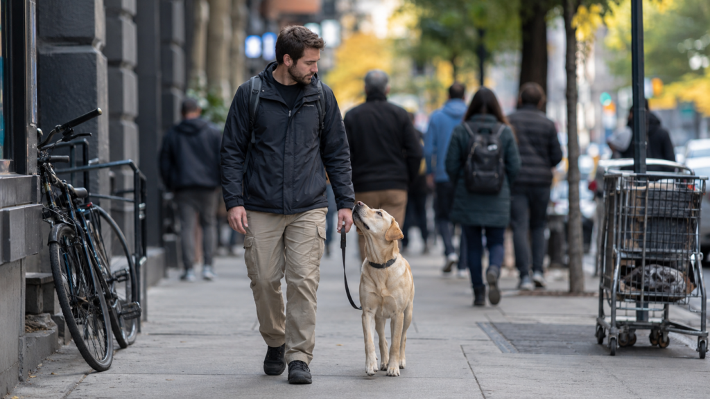 Dog trainer practicing a heel command with a dog on a busy outdoor street, deliberately training in a real-world distraction environment