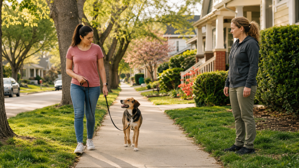 The owner practices loose-leash walking with their dog outdoors while a trainer coaches from nearby, illustrating the private lessons format