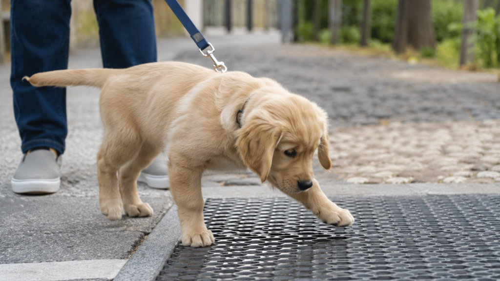 Puppy exploring a variety of surfaces outdoors — stepping confidently across different textures as part of environmental socialization