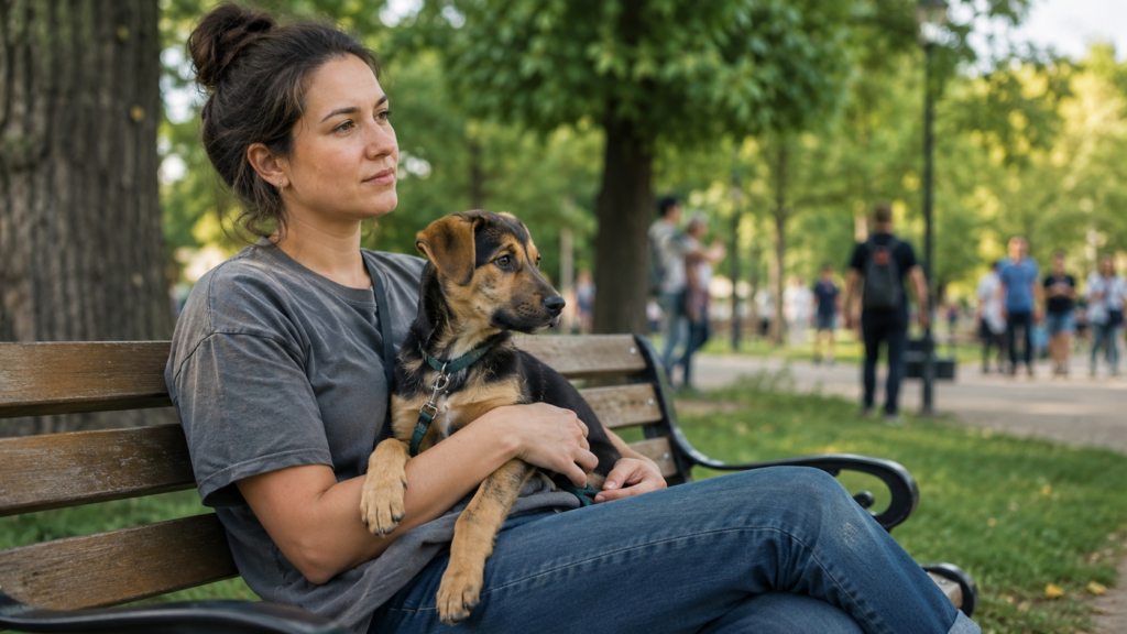 The owner is sitting calmly on an outdoor bench with a puppy in their lap, letting the puppy observe a busy park environment without forcing interaction