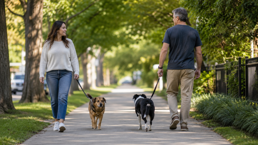 Owner walking their dog calmly past another dog and owner on a wide residential sidewalk, demonstrating neutral leash behavior