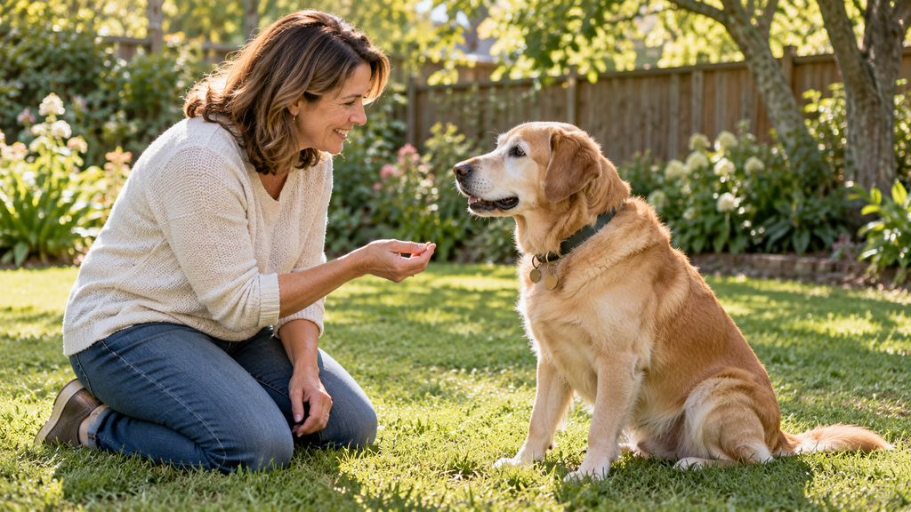 Woman training an older golden retriever to sit in a backyard