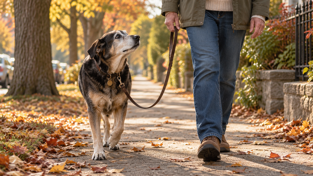 Adult dog with grey muzzle walking calmly on a loose leash beside owner