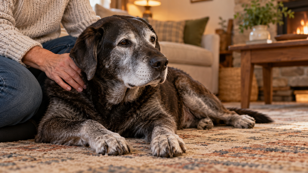Senior dog lying in a calm down-stay on a living room rug
